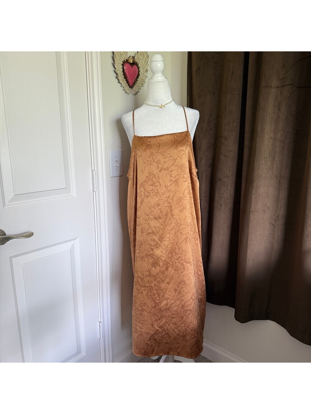 Stars Above Target Brand Gold Floral Satin Slip Nightgown Lace Trim Size Large